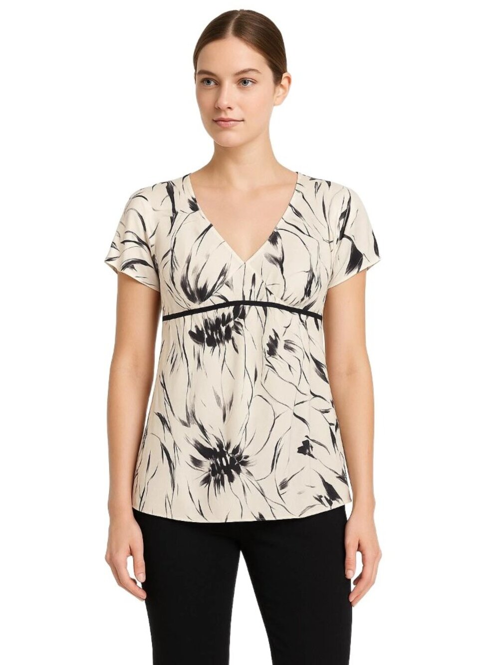 Grace Dane Lewis 100% Silk Cap Sleeve Blouse Cream Black Botanical Print Size 4